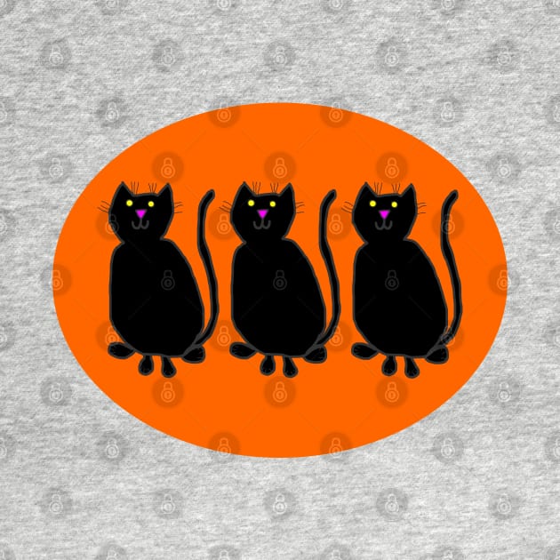 Three Black Cats on Pumpkin Orange Oval by ellenhenryart